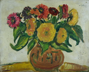 Werkverzeichnis Nr. 138, um 1955, Blumenstillleben, Öl auf Karton, 34,8 x 43,0 cm,
						Rückseite bemalt mit Werkverzeichnis Nr. 68, Korngarben auf einem Feld, um 1951