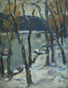 Werkverzeichnis Nr. 144, um 1955, Bäume an der Isar im Winter, Öl auf Karton, 35,1 x 26,7 cm 
