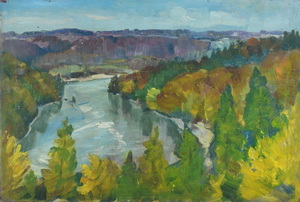 Werkverzeichnis Nr. 148, um 1955, Isar mit Georgenstein, Öl auf Karton, 40,3 x 60,3 cm 