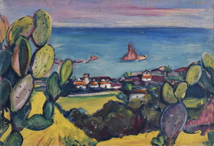Werkverzeichnis Nr. 133, 1955, Sizilianische Landscahft, Öl auf Karton, 51,0 x 74,5 cm,
						Rückseite gestempelt: Konrad Sommer München,
						Sammlung Marianne und Michael Gorkow