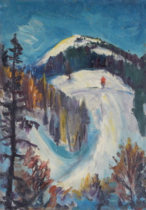 Werkverzeichnis Nr. 149, um 1955, Antonie Sommer als Skilanläuferin, Öl auf Karton, 57,0 x 40,0 cm