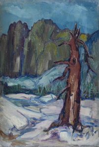 Werkverzeichnis Nr. 150, um 1955, Berge mit Baumruine, Öl auf Karton, 60,8 x 40,3 cm,
						Rückseite bemalt mit Werkverzeichnis Nr. 509 , Isar, um 1969						