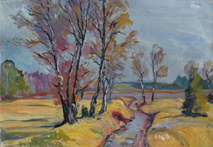 Werkverzeichnis Nr. 131, 1955, Mooslandschaft mit Bäumen, Öl auf Karton, 56,5 x 70,8 cm