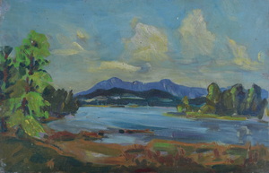 Werkverzeichnis Nr.136, um 1955, Großer Ostersee, Öl auf Karton, 34,3 x 53,2 cm 