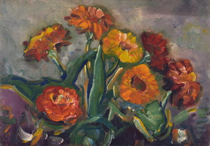Werkverzeichnis Nr. 142, um 1955, Blumensillleben, Öl auf Hartfaser, 35,6 x 50,2 cm 
