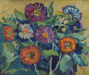 Werkverzeichnis Nr. 141, um 1955, Blumensillleben vor gelber Wand, Öl auf Karton, 39,5 x 46,4 cm 