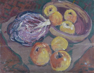 Werkverzeichnis Nr. 146, um 1955, Stillleben mit Kohl und Äpfeln, Öl auf Karton, 40,3 x 50,7 cm, 
						Rückseite bemalt mit Werkverzeichnis Nr.   , um 1989, Gewässer vor einer Hügelkette