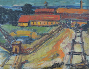 Werkverzeichnis Nr.134,  1955, Fabikgelände an einem See, Öl auf Karton, 40,5 x 51,8 cm 