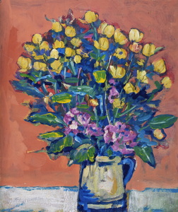 Werkverzeichnis Nr. 139, um 1955, Blumensstrauß in blauweißem Krug, Öl auf Karton, 46,9 x 40,3 cm 
