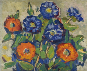 Werkverzeichnis Nr. 140, um 1955, Blumensillleben vor beiger Wand, Öl auf Karton, 47,4 x 39,4 cm 