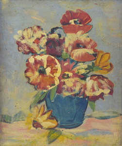 Werkverzeichnis Nr. 159, um 1956, um 1956, Blumenstilleben in blauer Vase, Öl auf Karton, 40,3 x 39,0 cm