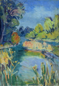 Werkverzeichnis Nr. 151<br> um 1956, An der Amper,  Öl auf Karton, 74,0 x 51,9 cm
