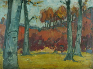Werkverzeichnis Nr. 152, um 1950, Flache Landschaft mit Haus und Regenbogen,  Öl auf Karton, 29,7 x 36,4 cm <br> 