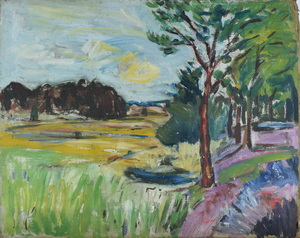 Werkverzeichnis Nr. 153, um 1956, Mooslandschaft mit Bäumen,  38,5 x 47,7 cm 