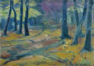 Werkverzeichnis Nr. 154, um 1956, Bäume am Waldrand, Öl auf Karton, 42,0 x 58,5 cm