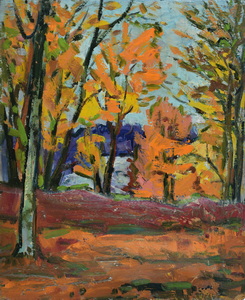 Werkverzeichnis Nr. 155, um 1956, Bäume im Herbst, Öl auf Karton, 45,5 x 37,3 cm,
						Rückseite bemalt mit Werkverzeichnis Nr. 156, um 1956, Würm im Mühltal bei Starnberg