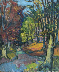 Werkverzeichnis Nr. 156, um 1956, Würm im Mühltal bei Starnberg, Öl auf Karton, 45,5 x 37,3 cm,
						Rückseite bemalt mit Werkverzeichnis Nr. 155, um 1956, Bäume im Herbst