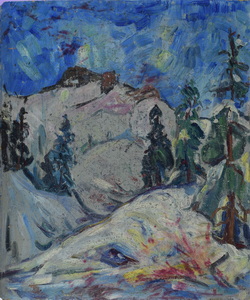 Werkverzeichnis Nr. 157, um 1956, Berg mit Tannen, Öl auf Karton, 59,8 x 50,2 cm,
						Rückseite bemalt mit Werkverzeichnis Nr. 158, um 1956, Blumenstilleben