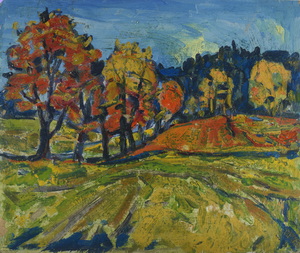 Werkverzeichnis Nr. 160, um 1956, Bäume auf Feldern, Öl auf Karton, 50,0 x 59,7 cm,
						Rückseite bemalt mit Werkverzeichnis Nr. 161, um 1956, Häuser im Gebirge