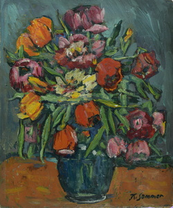 Werkverzeichnis Nr. 158, um 1956, Blumenstilleben, Öl auf Karton, 59,8 x 50,2 cm,
						Rückseite von: Werkverzeichnis Nr. 157, um 1956, Berg mit Tannen