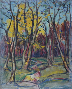 Werkverzeichnis Nr. 162, um 1956, um 1957, Kahle Bäume vor einem herbstlichen Wald, Öl auf Karton, 46,4 x 38,3 cm