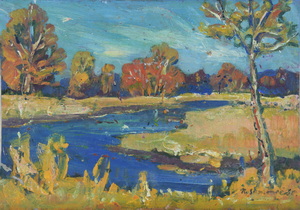 Werkverzeichnis Nr. 171, um 1960, Mooslandscahft mit Gewässer, Öl auf Karton, 40,7 x 57,0 cm