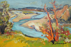 Werkverzeichnis Nr. 168, 1960, Zusammenfluss von Isar und Loisach,   Öl auf Karton, 40,3 x 60,3 cm, 
						bez. u.r.: K. Sommer, 60