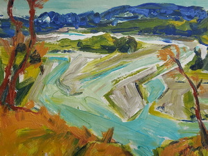 Werkverzeichnis Nr. 169, um 1960, Zusammenfluss von Isar und Loisach,  Öl auf Karton, 38,8 x 60,0 cm <br> 