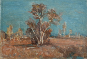 Werkverzeichnis Nr. 173, um 1961, Mooslandschaft mit Bäumen, Öl auf Karton, 21,5 x 32,0 cm