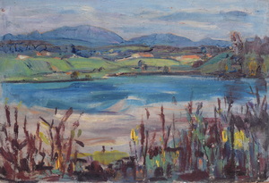Werkverzeichnis Nr. 174, um 1961, Ostersee, Öl auf Karton, 38,8 x 58,4 cm
