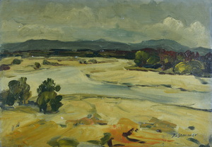 Werkverzeichnis Nr. 175, um 1961, Isar mit Sandbänken, Öl auf Karton, 39,8 x 57,4 cm