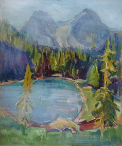 Werkverzeichnis Nr. 178, um 1961, Doppelberg mit Gletscher, Öl auf Karton, 43,2 x 36,8 cm,
						Rückseite bemalt mit Werkverzeichnis Nr. 180, um 1961, Wald 