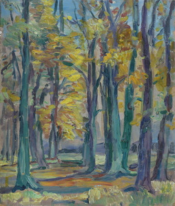 Werkverzeichnis Nr. 180, um 1961, Wald, Öl auf Karton, 43,2 x 36,8 cm, 
						Rückseite von Werkverzeichnis Nr. 178, um 1961, Doppelberg mit Gletscher