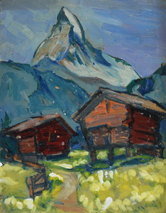 Werkverzeichnis Nr. 182, um 1961, Matterhorn mit zwei Hütten, Öl auf Hartfaser, 50,2 x 39,5 cm