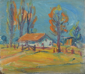 Werkverzeichnis Nr. 183, um 1961, Gehöft mit Bäumen, Öl auf Karton, 21,5 x 24,8 cm