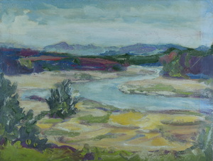 Werkverzeichnis Nr. 187, um 1962, Isar mit Sandbänken, Öl auf Karton,  37,5 x 39,9 cm