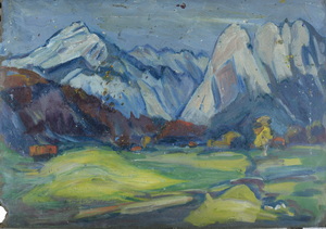 Werkverzeichnis Nr. 191, um 1962, Berge mit Gehöften, Öl auf Karton, 40,0 x 57,2 cm, 
						Rückseite bemalt mit Werkverzeichnis Nr. 579, um 1971, Mooslandschaft mit Bach