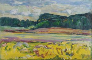 Werkverzeichnis Nr. 189, um 1962, hügelige Landschaft, Öl auf Karton, 40,0 x 60,2 cm