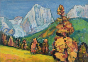 Werkverzeichnis Nr. 192, um 1962, Berglandschaft mit Bäumen, Öl auf Karton, 40,2 x 57,3 cm
