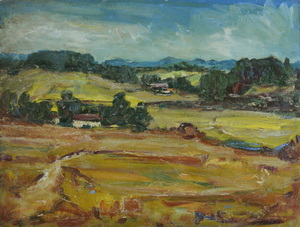 Werkverzeichnis Nr. 188, um 1962, Vorlapenlandscahft mit Hügeln, Öl auf Karton, 37,3 x 49,0 cm