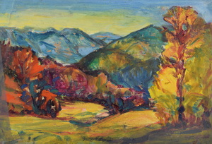 Werkverzeichnis Nr. 194, um 1963, Berglandschaft mit Baum, Öl auf Karton, 25,7 x 30,9 cm