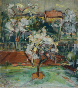 Werkverzeichnis Nr. 195, um 1963, Baumblüte, Öl auf Karton, 36,4 x 32,2 cm