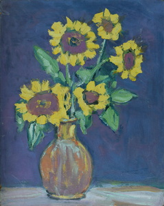 Werkverzeichnis Nr. 206, um 1963, Sonnenblumen vor blauem Grund, Öl auf Hartfaser, 56,4 x 45,0 cm,
						Vorderseite bemalt mit Nr. 198,  Dolomiten Rosengarten, um 1963