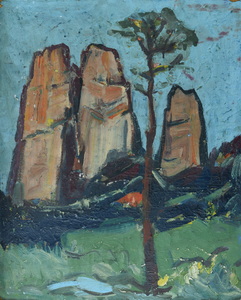 Werkverzeichnis Nr. 198, um 1963, Dolomiten Rosengarten, Öl auf Hartfaser, 56,4 x 45,0 cm,
						Rückseite bemalt mit Werkverzeichnis Nr. 206, um 1963, Sonnenblumen vor blauem Grund