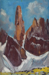 Werkverzeichnis Nr. 202, um 1963, Bergspitzen in den Dolomiten, Öl auf Karton, 60,3 x 40,2 cm