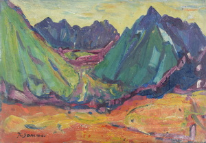 Werkverzeichnis Nr. 203, um 1963,  Berglandschaft, Öl auf Karton, 39,5 x 56,7 cm