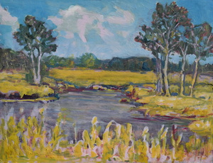 Werkverzeichnis Nr. 204, um 1963, Mooslandschaft mit Gewässer und Bäumen, Öl auf Karton, 56,5 x 70,8 cm
