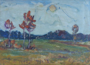 Werkverzeichnis Nr. 205, um 1962, Mooslandscahft mit Bach und Bäumen, Öl auf Karton, 38,1 x 52,8 cm