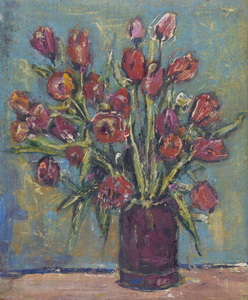 Werkverzeichnis Nr. 207, um 1963, Tulpen in brauner Vase, Öl auf Hartfaser, 56,9 x 47,4 cm
