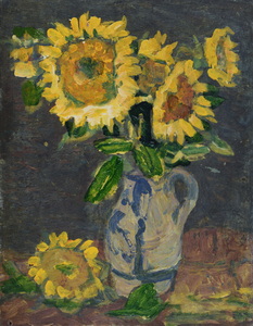Werkverzeichnis Nr. 221, um 1964, Sonnenblumen vor braunem Grund,  Öl auf Karton, 32,8 x 25,5 cm, 
						Rückseite bemalt mit Werkverzeichnis Nr. 209, Mooslandschaft, um 1964